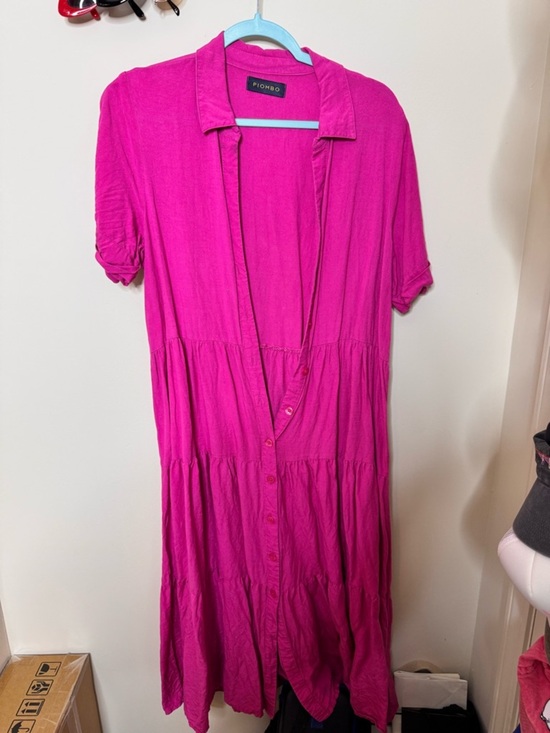 Piombo Dresses & Skirts - Piombo Bright Fuchsia Tiered Button-Front Midi Dress